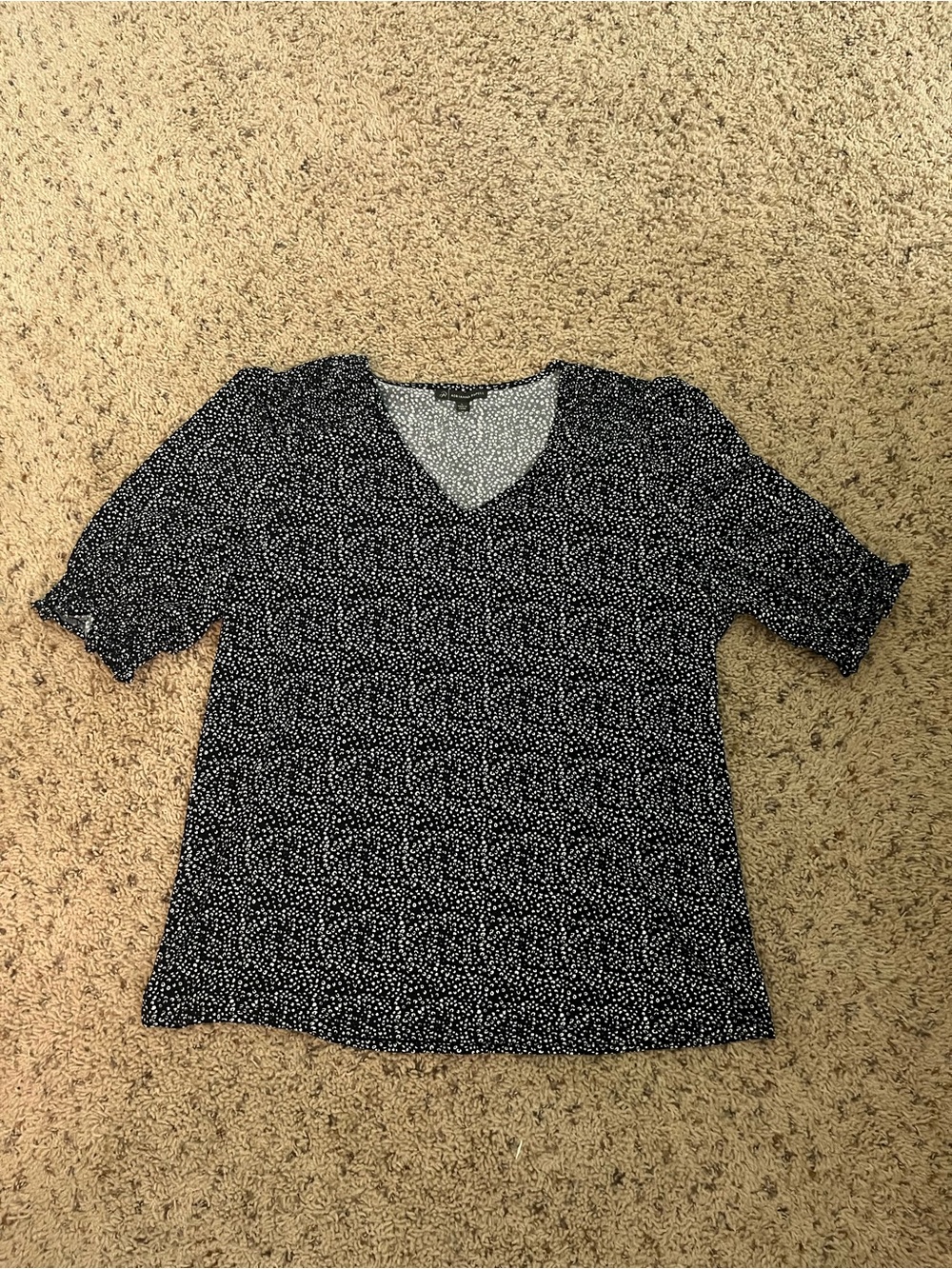 Adrianna Papell Navy and White V-Neck Dotted Blouse